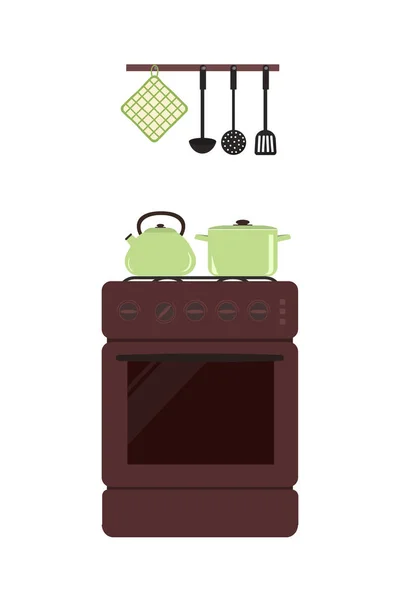 Плита Чайником Чайником Кухонные Инструменты Картинке Векторная Иллюстрация Белом Фоне — стоковый вектор