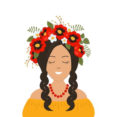 Bir çelenk çiçek, örgü ile sevimli gülümseyen kız yaprakları ve meyveleri. Portre. Beyaz bir arka plan üzerinde vektör çizim.