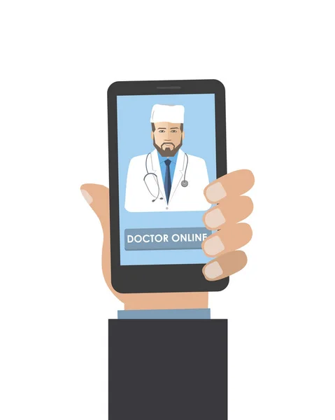 Fogalmát Hívja Orvos Online Konzultáció Egy Egészségügyi Szakember Kezében Szúró — Stock Vector