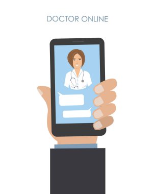 Doktor online kavramı. Online Konsültasyon ile bir tıp uzmanı. Akıllı telefon tutarak el, kadın doktorun fotoğraf üstünde belgili tanımlık göstermek içinde belgili tanımlık resim akıllı telefon. Vektör çizim