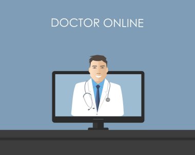 Online Konsültasyon ile bir tıp uzmanı. Doktor online kavramı. Resimdeki ekranın ekranda erkek doktor var. Vektör çizim