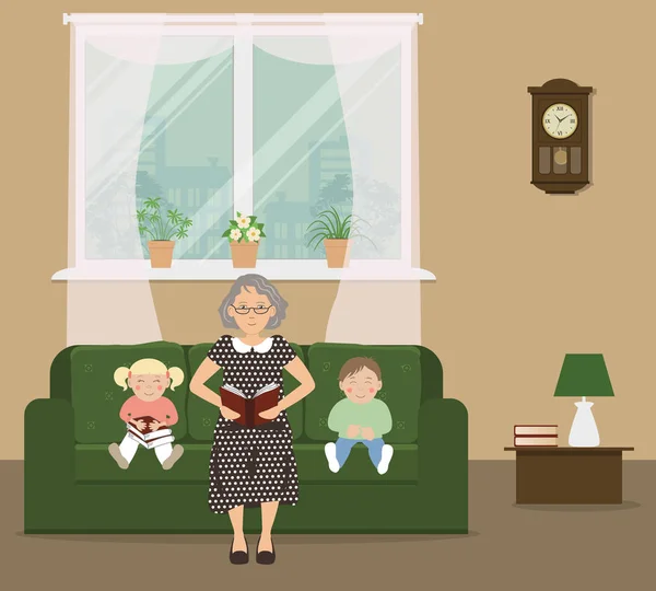 Grand Mère Lisant Livre Aux Enfants Dame Âgée Est Assise — Image vectorielle