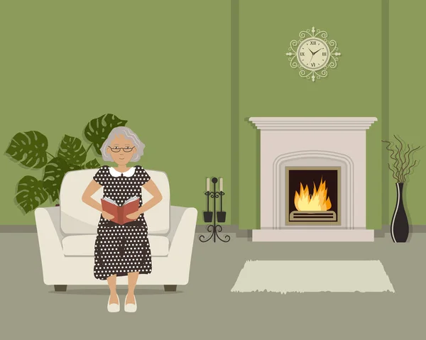 高齢者女性の肘掛け椅子に座って 本を読んでします 緑のリビング ルームに暖炉があります 部屋には装飾的な枝 壁時計 大きな花と花瓶があります ベクトル画像 — ストックベクタ