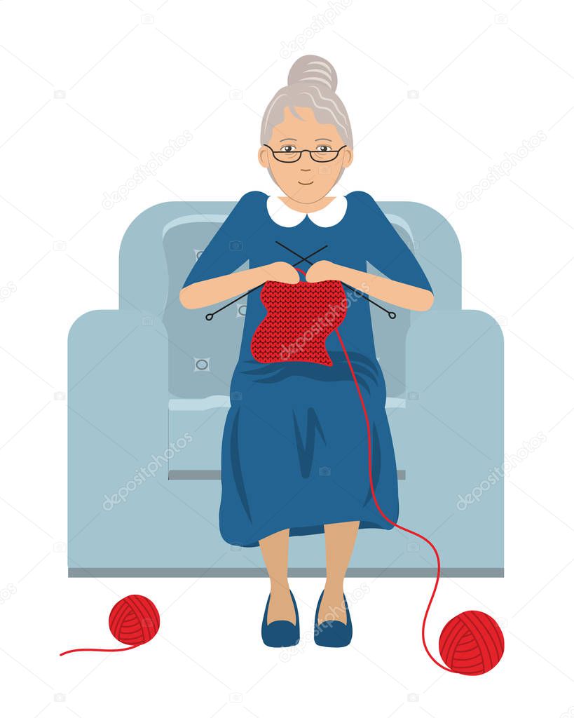 Cute elderly lady is sitting in a blue armchair and knits. There are balls of red wool in the picture. Vector illustration