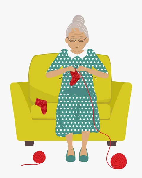 Cute Elderly Lady Sitting Yellow Armchair Knits Socks Balls Red — Stock Vector