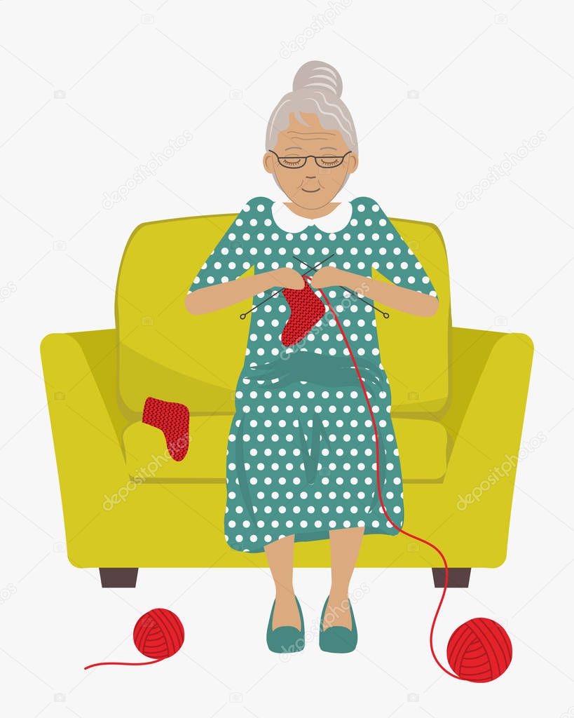 Cute elderly lady is sitting in yellow armchair and knits socks. There are balls of red wool in the picture. Vector illustration