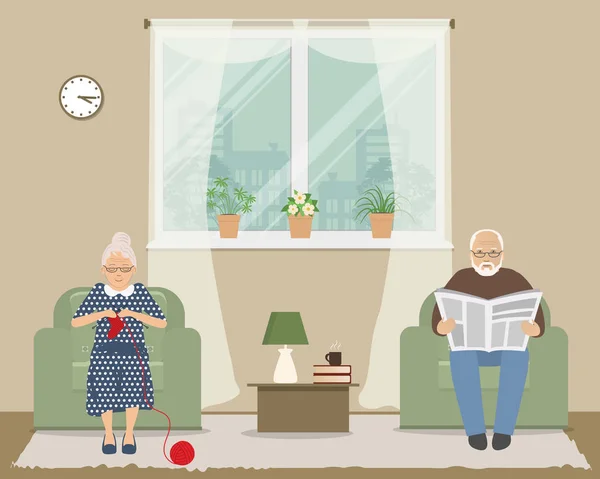 老婦人と老人はウィンドウの背景のアームチェアに座っています 祖母は祖父は新聞を読んで ニット ソックスです 窓辺に部屋にも花があります ベクトル — ストックベクタ