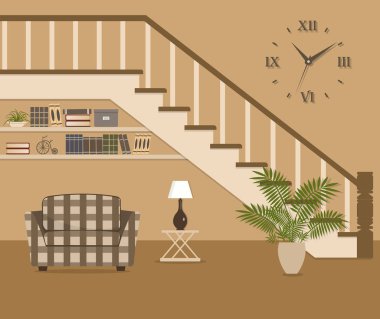 Koltuk damalı, merdiven altında bulunan. Bir saksıyı, bir lamba, kitap ve resimdeki ev dekorasyonu ile raflar vardır. Ayrıca duvarda büyük bir saat olduğunu. Vektör düz çizim.