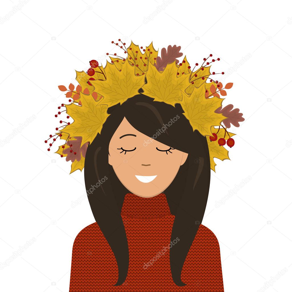 Portrait of a cute girl in a wreath of autumn leaves on her head. There are leaves of maple, oak and other trees in the picture. There are also red berries here. Vector illustration