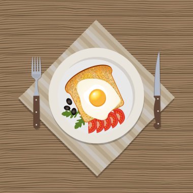 Sahanda yumurta, tost ve ahşap arka plan üzerinde domates ile plaka. Ayrıca çatal ve bıçakla resimdeki bulunmaktadır. Vektör çizim