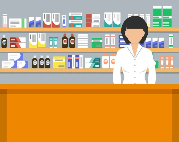 Banner Web Farmacéutico Mujer Joven Lugar Trabajo Una Farmacia Pie — Vector de stock