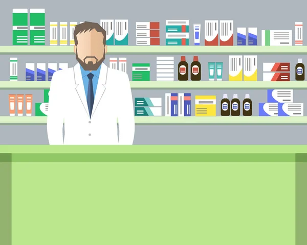 药剂师的网络横幅 年轻人在药房的工作场所 站在绿色货架前的药品 人物图标 矢量插图 — 图库矢量图片