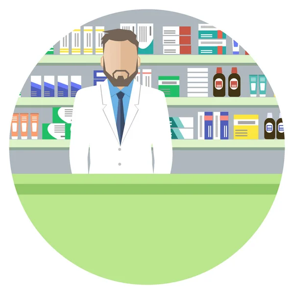 Web Banner Farmacêutico Ícone Pessoas Jovem Uma Farmácia Frente Prateleiras — Vetor de Stock