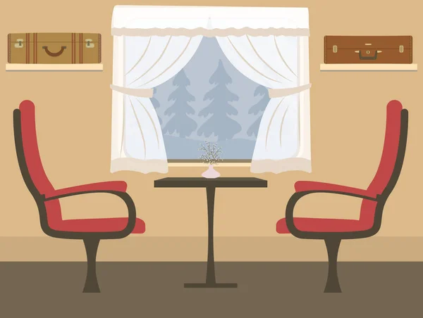 训练室内 在铁路车厢的地方 有两张红色的扶手椅 一张桌子 一个有窗帘的窗户 书架上的手提箱 窗外是树 — 图库矢量图片