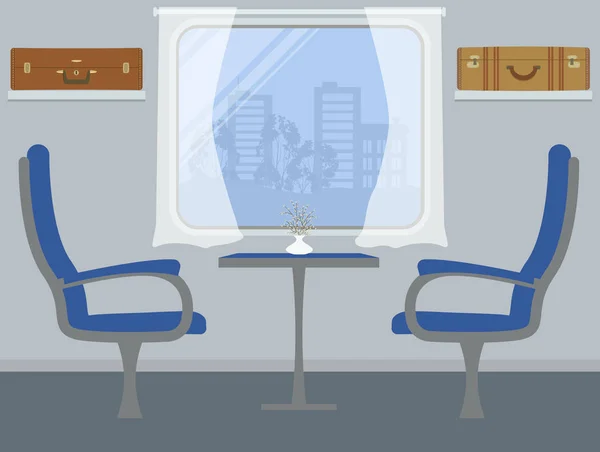 Zuginnenraum Plätze Eisenbahnwaggon Gibt Zwei Blaue Sessel Einen Tisch Ein — Stockvektor