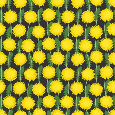 Karahindiba ile çiçek arka plan. Sarı çiçek ve yeşil yaprakları ile Seamless modeli. Vektör çizim