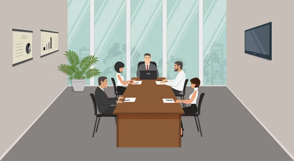 Ofis Çalışanları Toplantı Sırasında Genç Kadın Erkekler Ofiste Masasında Oturuyorsun — Stok Vektör