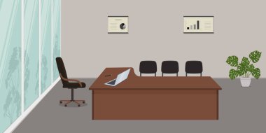 Merkez ofisi. Oda büyük bir pencere ile bir ofis iç. Bir resepsiyon, siyah sandalye, bir çiçek ve posterler resmi diyagramları. Masanın üzerinde bir dizüstü bilgisayardır. Vektör çizim.