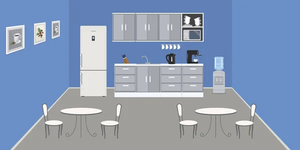 Современная Офисная Кухня Голубого Цвета Столовая Офисе Изображении Холодильник Столы — стоковый вектор