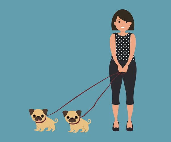 匹のパグ犬とかわいい女性 彼女はひもにペットを飼っています 青色の背景に漫画のスタイルのベクトル図 — ストックベクタ