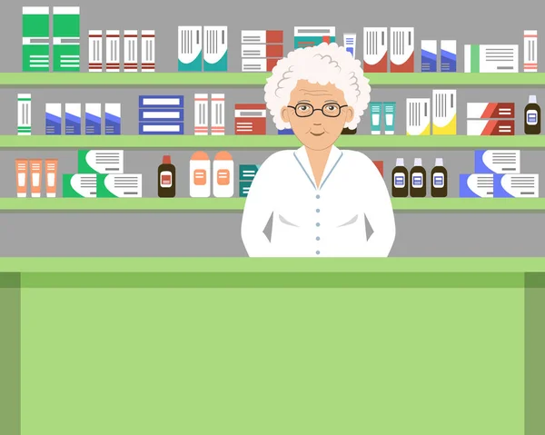 Web Banner Elderly Pharmacist Old Lady Workplace Pharmacy Standing Front — Stock Vector