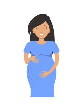 Asyalı hamile kadın beyaz bir arka plan üzerinde izole mavi elbiseli. Gülümseyen bir kadın onun ellerini karnına tutar. Vektör çizim karikatür tarzı