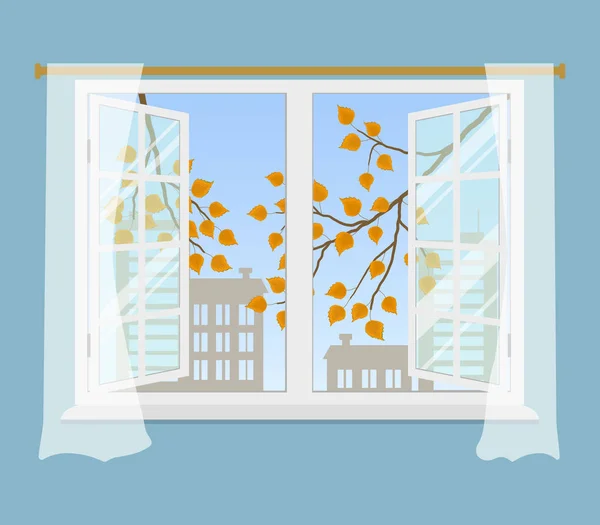 Fenêtre Ouverte Avec Rideaux Sur Fond Bleu Fond Automne Extérieur — Image vectorielle