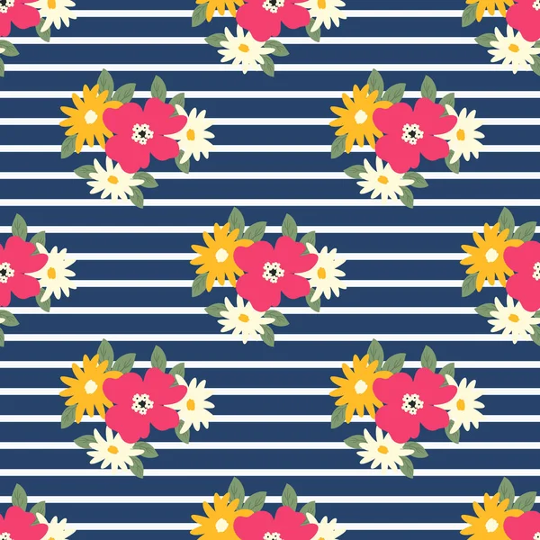 Floral pattern on a blue striped background. Seamless sample with white, pink and yellow flowers. Vector illustration