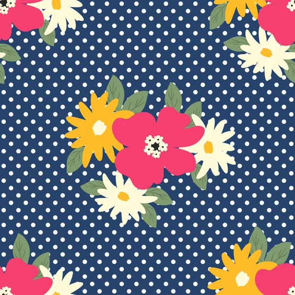 Floral pattern on a blue background with polka dots. Seamless sample with white, pink and yellow flowers. Vector illustration