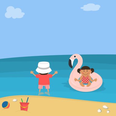 Çocuklar denizde. Küçük kız yüzen deniz üzerinde bir flamingo şeklinde şişme bir daire içinde çocuk sahilde duruyor. Bir top ve bir bebek kova sahilde. Vektör görüntü