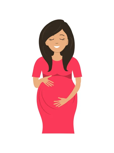 Милая Беременная Женщина Красном Платье Изолирована Белом Фоне Улыбающаяся Женщина — стоковый вектор