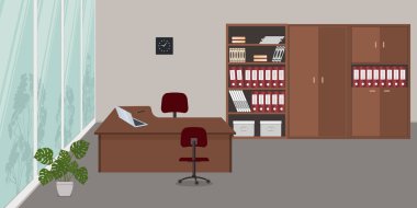 Oda büyük bir pencere ile bir ofis iç. Bir resepsiyon, kırmızı sandalyeler, dolaplar belgeler için ve bir çiçek resmi var. Masanın üzerinde bir dizüstü bilgisayardır. Vektör çizim.