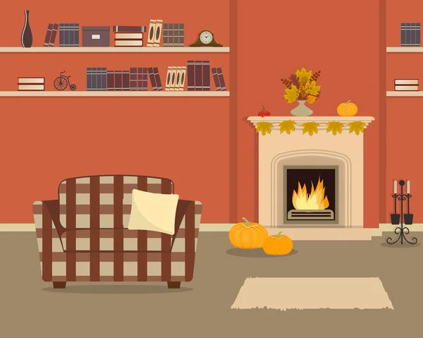 Sala Estar Naranja Con Chimenea Sillón Cuadros Decoración Otoño Interior — Archivo Imágenes Vectoriales