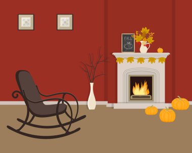 Şömine ve sallanan sandalye kırmızı oturma odası. Sonbahar dekorasyonu iç. Şömine sarı yapraklar, çilek ve kabak ile dekore edilmiştir. Ayrıca duvarda resimler vardır. Vektör