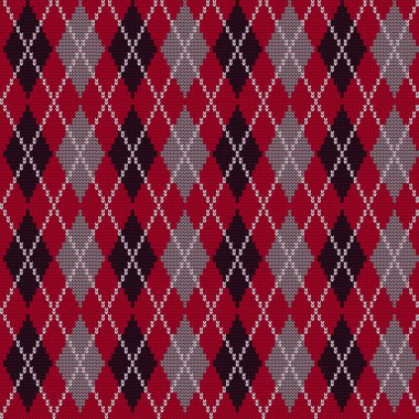 Argyle yazdırma. Edikula ile Dikişsiz örgü desen. Damalı arka plan kırmızı, siyah ve gri renklerde. Vektör çizim