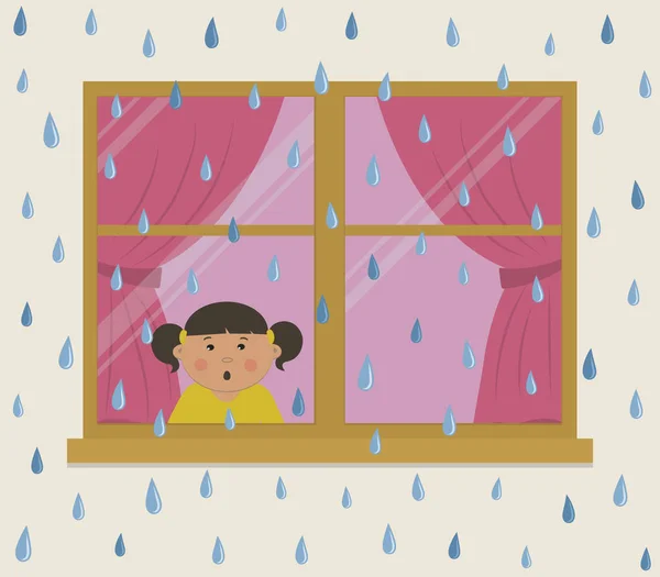 雨の日にピンクのカーテンを含むウィンドウ 部屋の小さな女の子を見て驚きで雨 通り側からの眺め 秋の背景 ベクトル図 — ストックベクタ