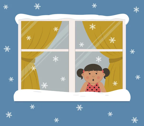 Window Yellow Curtains Snowy Day Cute Little Girl Room Looks — Stock Vector