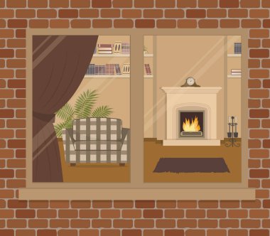 Pencere tuğla duvar. Sokak tarafında oturma odasından görünümünü. Bir şömine ve damalı koltuk odası var. Oda da bir kitaplık vardır ve büyük çiçek. Vektör çizim
