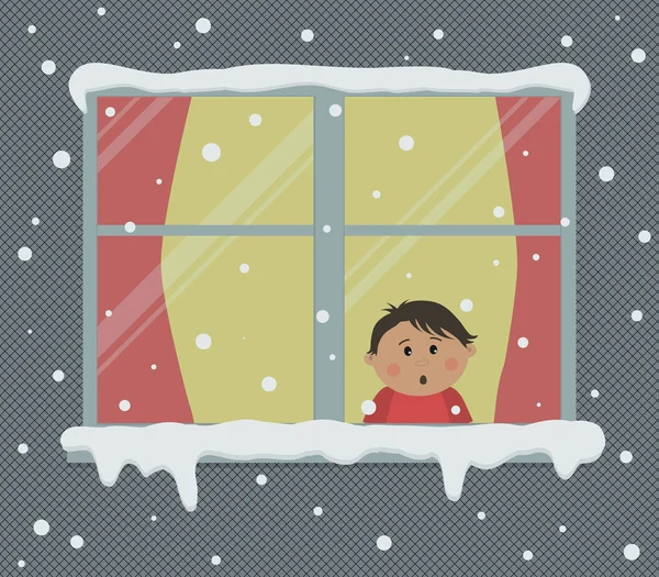 Window Red Curtains Snowy Day Little Boy Room Surprised Looking — Stock Vector