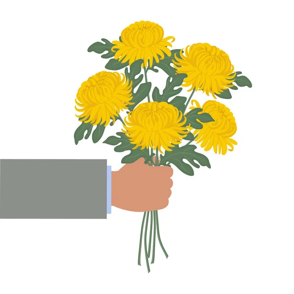 Hand Met Een Boeket Van Gele Chrysanten Vectorillustratie Een Witte — Stockvector