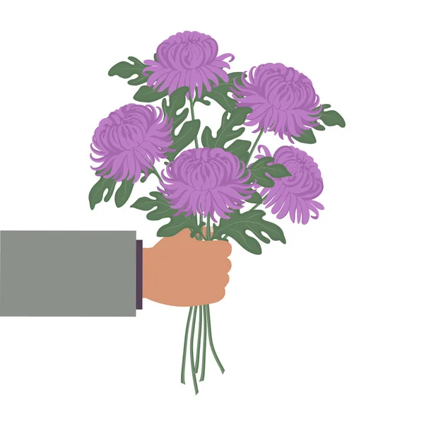 Mano Sosteniendo Ramo Crisantemos Púrpura Ilustración Vectorial Sobre Fondo Blanco — Vector de stock