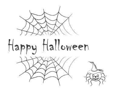 Cadılar Bayramınız Kutlu Olsun. Örümcek ağları arka plan üzerinde siyah metin. Ayrıca resimde bir Halloween örümcek olduğunu. Beyaz bir arka plan üzerinde vektör çizim. Vektör görüntü