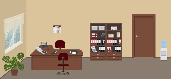 办公室房间的内部有一个窗口和门 有书桌 红色椅子 文件柜 水冷却器和花在图片 书桌上有一台手提电脑 一部电话 一台计算器 — 图库矢量图片