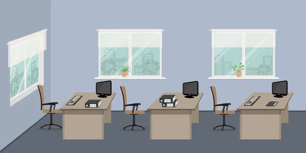 办公室的一个蓝色的房间 图片中有书桌 棕色椅子 文件夹 鲜花和其他物品 房间里还有三扇窗户 矢量插图 — 图库矢量图片