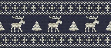 Noel arka plan. Örgü desen Donanma bir arka plan üzerinde geyikler ve köknar ağaçları ile. Süs. Sorunsuz sınır. Vektör çizim.
