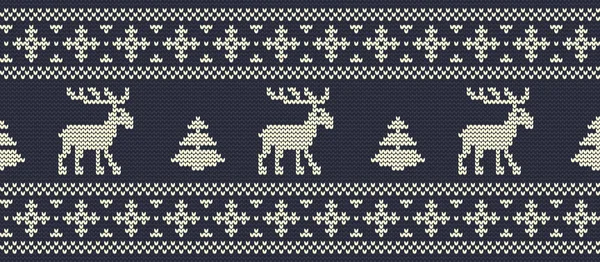 Weihnachtlicher Hintergrund Strickmuster Mit Hirschen Und Tannenbäumen Auf Marineblauem Hintergrund — Stockvektor