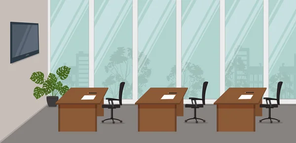 商务培训和研讨会办公室 会议厅 有一个屏幕 办公桌和黑色椅子上的窗口背景图像 矢量插图 — 图库矢量图片