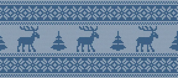 Fondo Navidad Patrón Punto Con Ciervos Abetos Colores Azules Adorno — Vector de stock