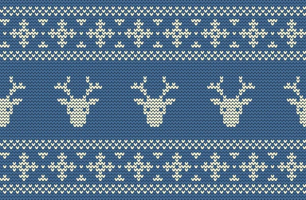 Weihnachtlicher Hintergrund Strickmuster Mit Hirschköpfen Auf Blauem Hintergrund Ornament Nahtlose — Stockvektor