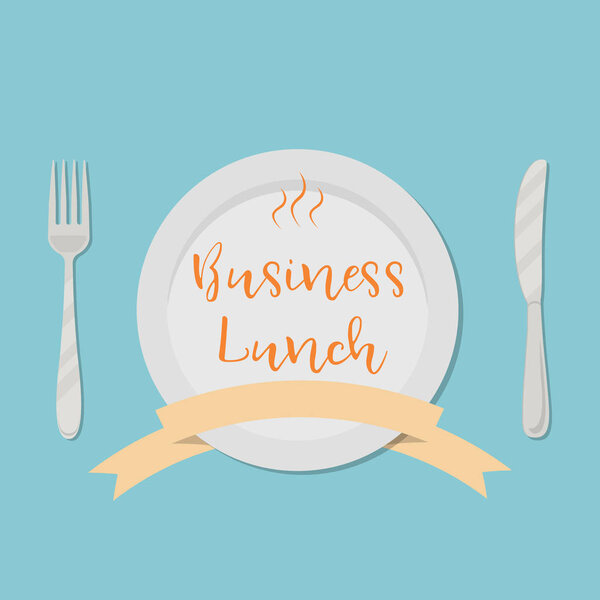 Business lunch concept. Plate with the inscription "Business Lunch" on a blue background. There is also a fork, a knife and a ribbon in the picture. Vector illustration